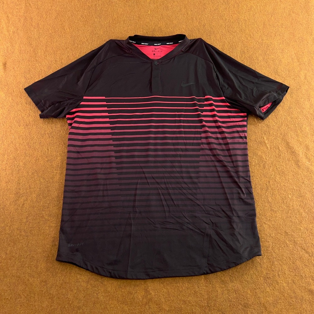 Nike Mens Large Black Red Striped Dri-FIT Blade Collar Golf Polo Shirt